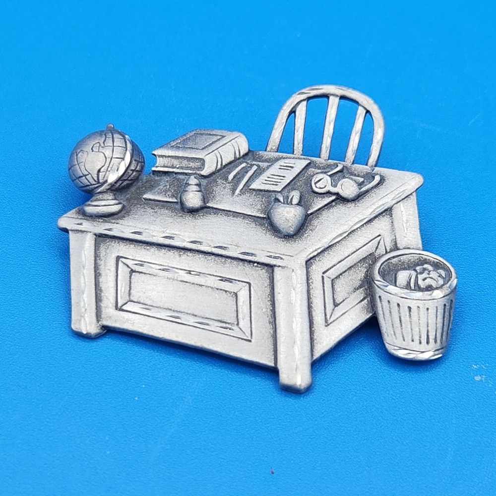 Vintage JJ Jonette Jewelry Pewter Teacher Desk Globe Apple Brooch Pin Silver